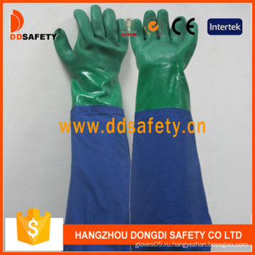 Двойной Цвет ПВХ с длинным рукавом зеленый и синий латексные перчатки (DHL511)
